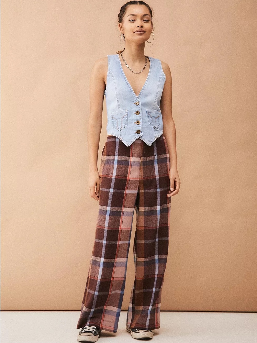 Urban Outfitters UO Abby Plaid Brushed Trousers Wool Blend Wide Leg Size 0